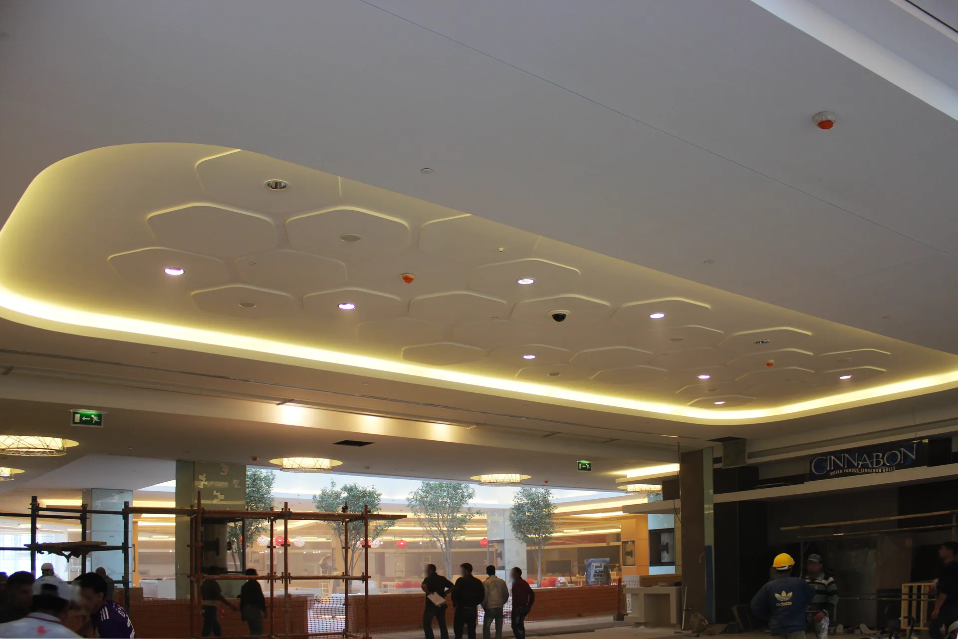 Curved ceiling raft with faceted coffers and a warm perimeter cove over the concourse