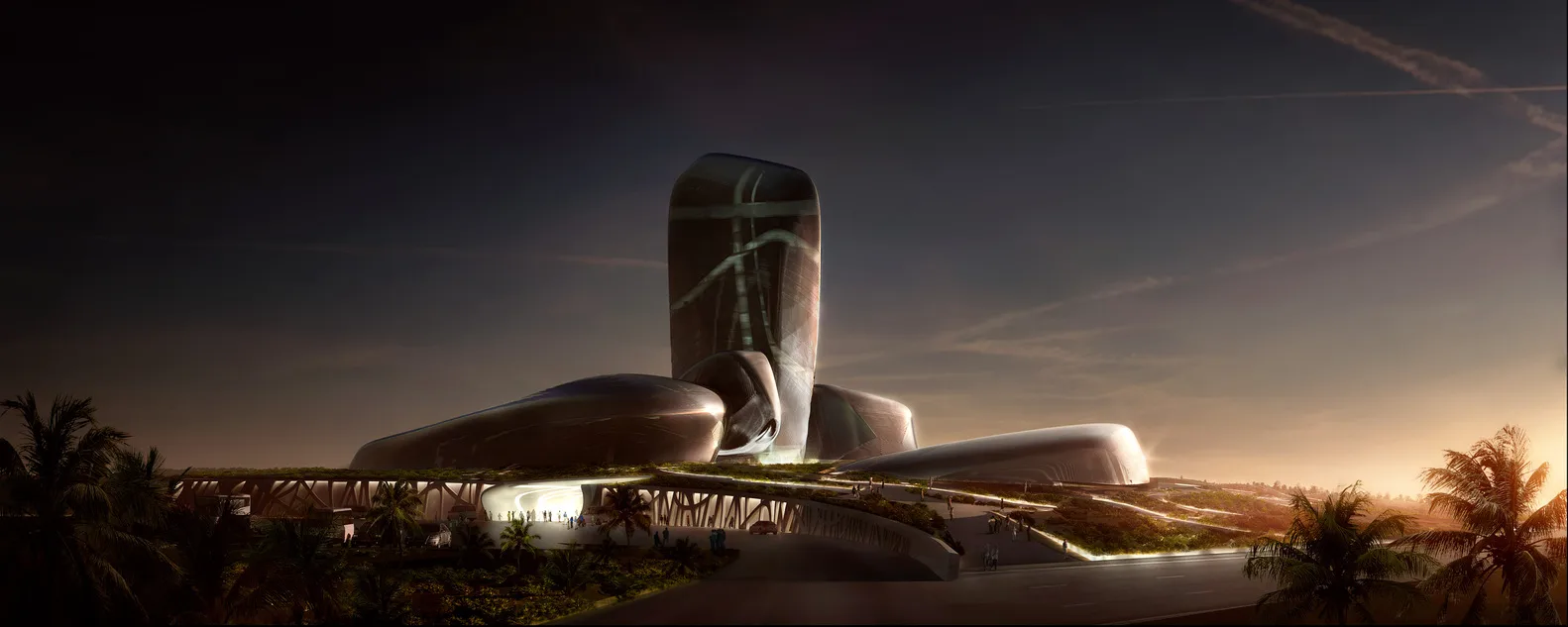 The pebble-like steel volumes of the King Abdulaziz Center for World Culture at dusk