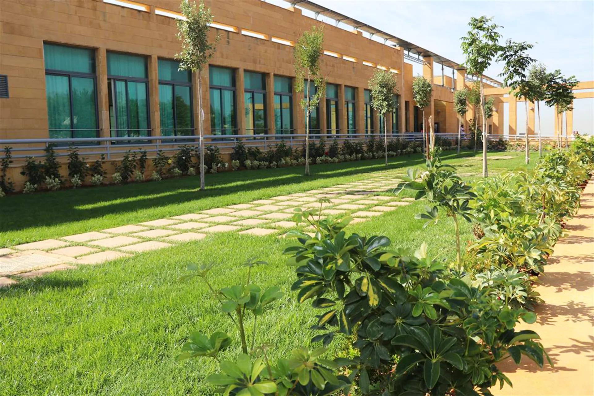 BAU Campus — stone-clad teaching block along a landscaped walkway
