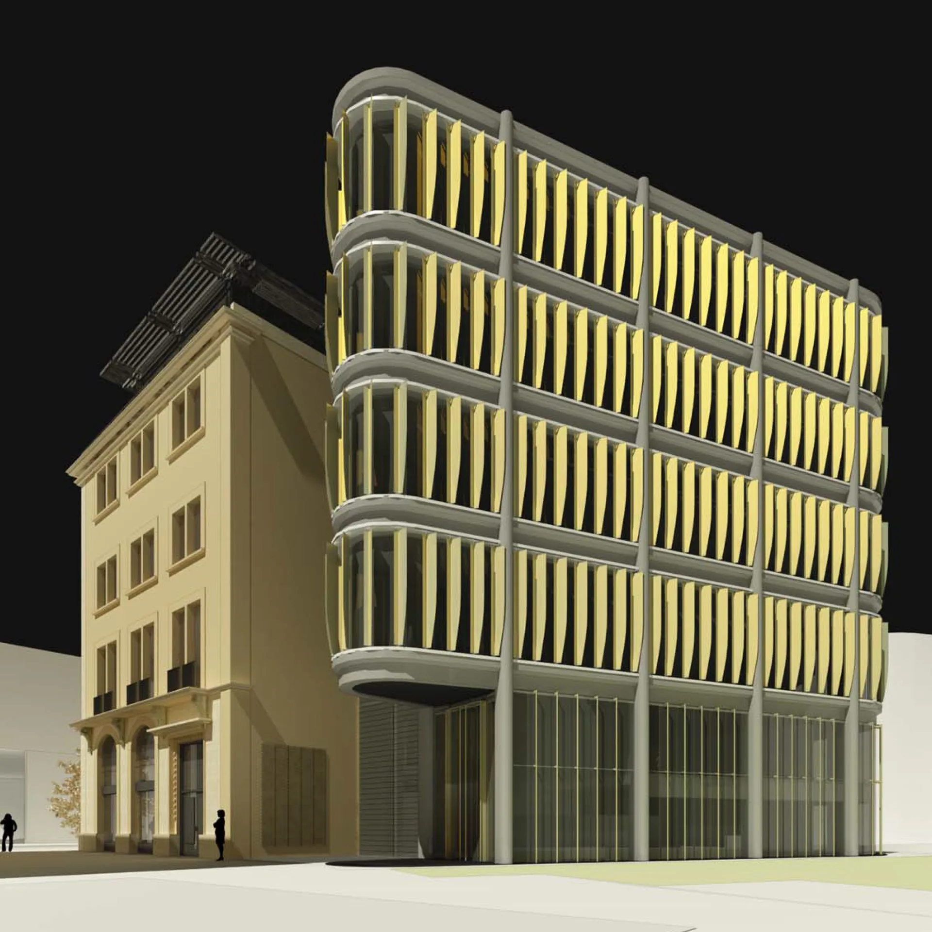 L'Orient 12, Beirut — office building with a curved facade of vertical fins beside a restored townhouse