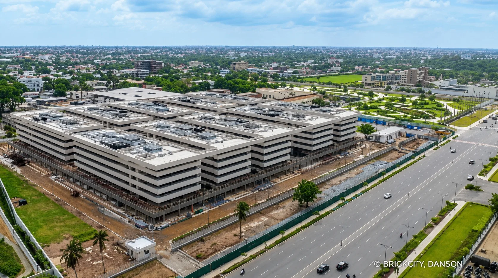 Aerial view of the ministerial city under construction beside the boulevard in Cotonou