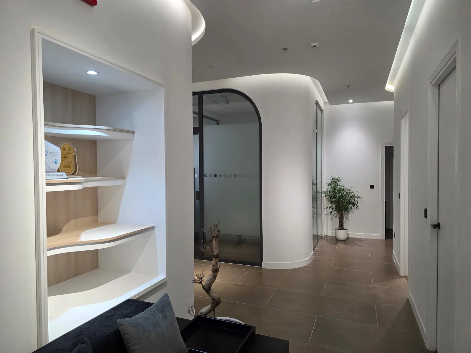 Circulation lobby with a curved wall, display niche and arched doorway